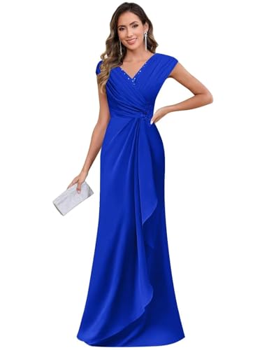 Chiffon Mother of The Bride Dresses - V Neck Cap Sleeve Ruffle Formal Dress for Wedding
