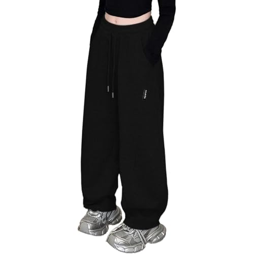 Baggy Sweatpants for Girls Trendy Wide Leg Loose Sweat Pants Elastic High Waist Athletic Solid Bottoms with Pockets