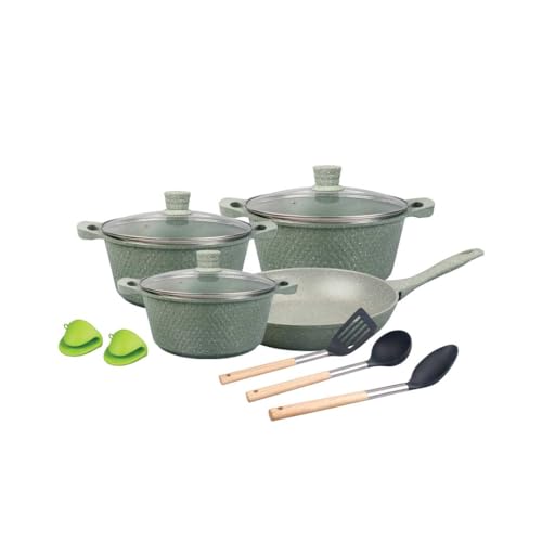 Royalford 12pcs Nonstick Aluminum Cookware Set Chef Pride Die Cast RF12488 Granite Coated with 2.5mm Thickness, Induction Base, Bakelite Handles and Tempered Glass Lid Assorted Color Sets