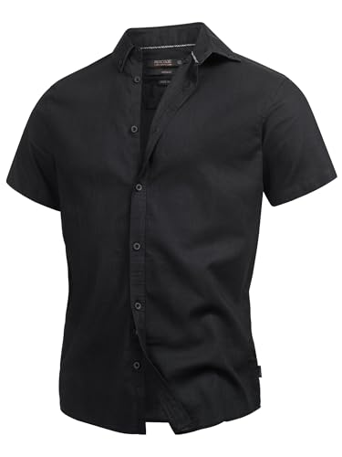 Indicode Herren INBravida Leinenhemd Kurzarm-Hemd mit Button-Down-Kragen | Herrenhemd Sommerhemd für Männer Black, M