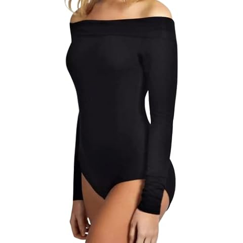 AAILA FASHION Ladies Off Shoulder Long Sleeve Bardot Bodysuit Leotard Top Plain Stretch Bandeau Leotard Top Womens Summer Wear One Size UK 8 To 14 Cover