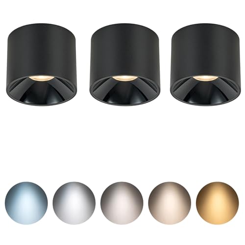 QIBANG 12W Dimmable LED Ceiling Spot Lights Indoor 5CCT 2700K-6000K Selectable,CRI 95+ 4.72 inch Black Aluminum Matte Cylinder Spotlights Modern Minimalist Focus Ceiling Downlight Fixtures, 3 Pack