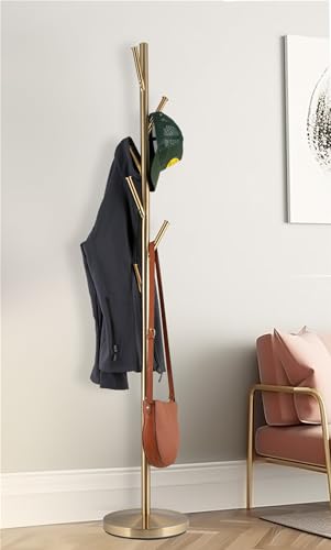 Kira Home Addison 68" Modern 6 Hook Free Standing Metal Coat Rack, Weighted Base, Cool Brass Finish