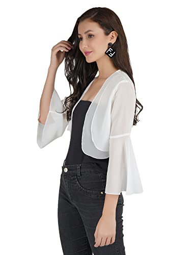 Image of AOL Women's Cropped Layered Lightweight Sheer Three-Fourth Bell Sleeves Georgette Open Neck Shrug Bolero