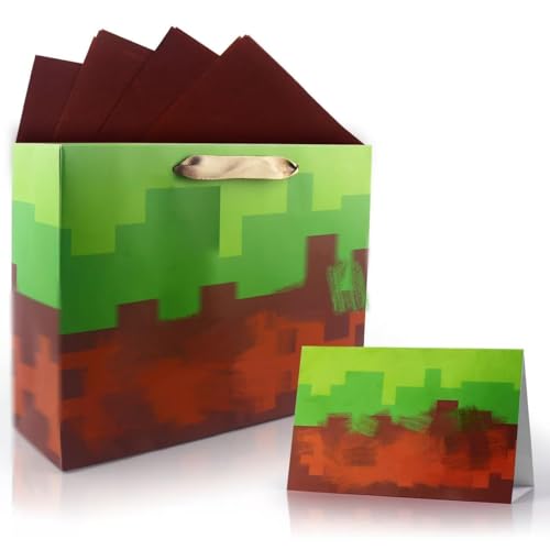 Jadsmpi 13" Large Pixel Gift Bags with Cards Tissue Paper,Green Wrapping Bag,Decoration Party for Boys Girls Kids Game Theme Birthday Gift Christmas Supplies