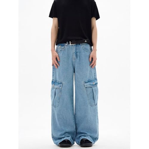 Men's Wide Leg Cargo Jeans Straight Loose Baggy Denim Pants Y2K Teen Boys High Rise Long Jean Trousers4