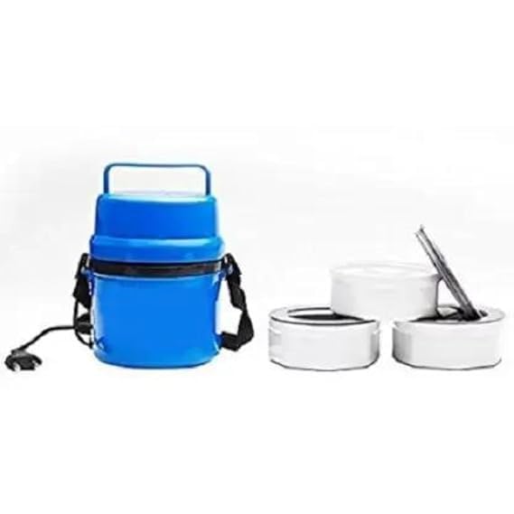 Image of Electric Lunch Box for Office & Travel - 3-Layer Portable Food Warmer Tiffin with Handle, Plug & Shoulder Strap - Leakproof Insulated Electric Tiffin (Multi Color)