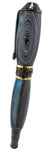 Handmade Nova Sceptre style rollerball pen. Pieces of Detroit fordite agate or motor agate layered paint. Gunmetal and gold trim with click gearshift mechanism. Screwtop postable cap. Black ink.