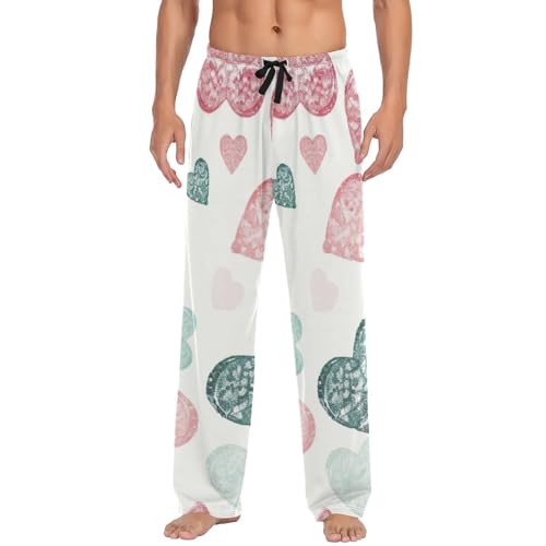 Men's Pajama Pants Hearts Print Sleep Pajama Lounge Pant with Pockets, Elastic Waistband