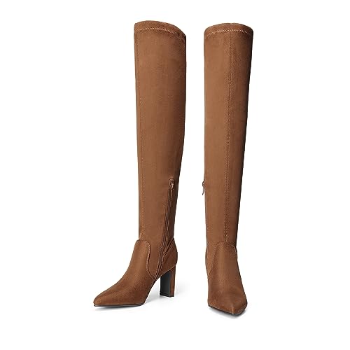 DREAM PAIRS DREAM PAIRS Women's Over The Knee Stretch Thigh High Boots Chunky High Heels Pointed Toe Long Fall Boots,Size 9,Brown-Suede,SDOB2303W