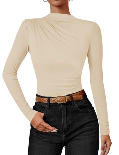 ZESICA Women's Long Sleeve Tops Mock Neck Ruched Tight Shirts 2025 Fall Trendy Outfits