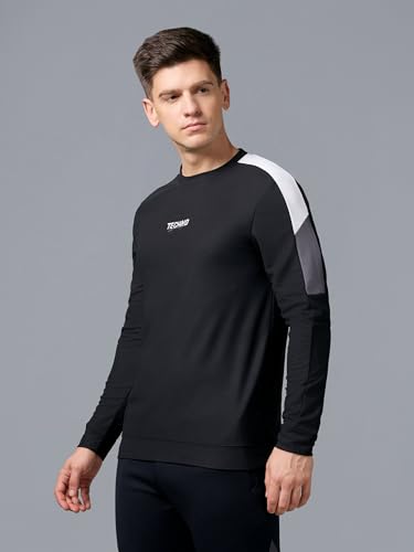 Image of TECHNOSPORT Men's Colorblock Full Sleeve T-Shirt MATPIQ Quick Dry Slim Fit Round Neck Sports Tee for Gym Casual Layering Wear UPF50+ Anti Odour