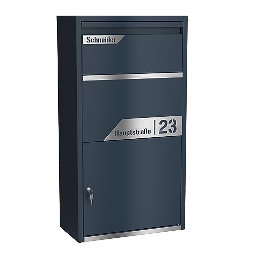 Graviers Design Paketbriefkasten personalisiert freistehend - pulverbeschichteter Stahl mit Edelstahl Namensschild Gravur Schnitt - Briefkasten Rückholsperre Postbox für Pakete Paketbox Design 3