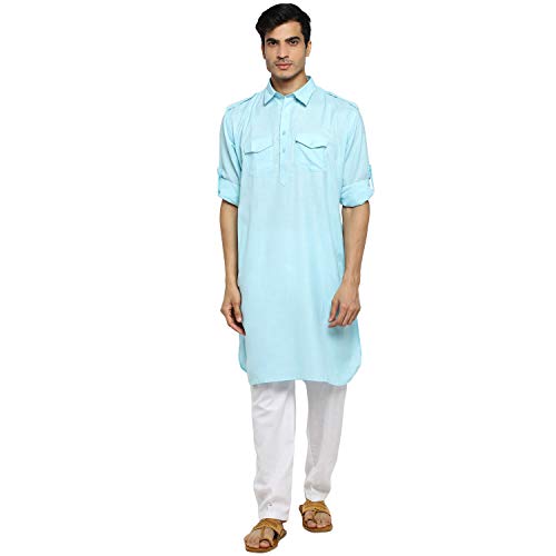 Kurta Pathani bleu et blanc en coton Royal Kurta taille 42 pour homme