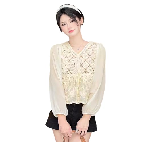 Camisa de manga larga con botones de flores y bordado de ganchillo para mujer, blusa holgada con costuras de ganchillo, albaricoque, Talla única