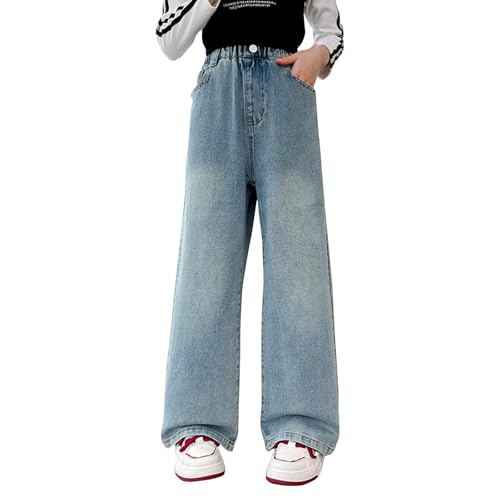 Girls Jeans Straight Leg Baggy Button Denim Pants Elastic High Waist Trousers Breathable Trendy Streetwear with Pockets