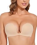YANDW Plunge Strapless Push Up Bras for Women Padded Non Slip Deep U Shape Low Cut Convertible Seamless Bra Underwire Nude 36D