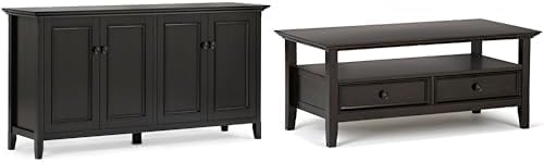 SIMPLIHOME Amherst Solid Wood Storage Cabinet and Coffee Table Bundle – 66-Inch 4-Shelf Cabinet with 4 Doors & Adjustable Shelves and 44-Inch Coffee Table with 2 Drawers & Open Shelf in Hickory Brown