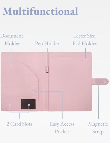 Image of Mymazn Padfolio Portfolio Folder, Faux Leather Interview Resume Folder with Document Organizer & Business Card Holder, Letter-Sized Notepad Legal Pad Holder for Men Women (Pink)