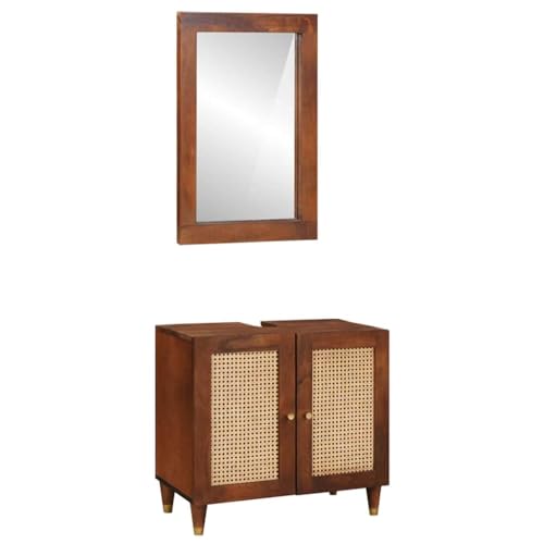 Set Bagno Moderno Rettangolare con Mobile Lavabo e Specchio in Legno di Mango Massello, Finitura Marrone, 62 x 33 x 58 cm. Scaffale da Muro Versatile, Perfetto per Uso Interno e Resistente con Fantas