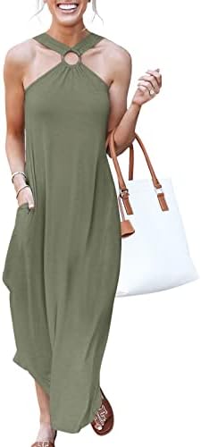 ANRABESS Women Dresses Summer Criss Cross Tank Sleeveless Split Long Maxi Beach Dress with Pockets 478ganlanlv-S Olive