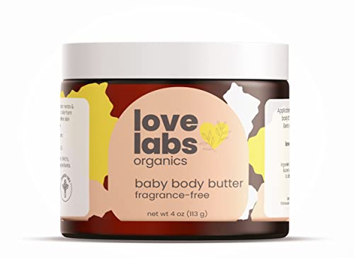 Love Labs Organics 4oz. Baby Body Butter. All Natural Safe and Soothing Organic Baby Lotion Fragrance Free for Sensitive Skin, Organic Baby Moisturizer for Dry Skin, 100% Plant Based Ingredients