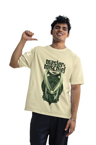 Image of SYOM Men's Oversized Graphic T-Shirt - Half Sleeve, Round Neck, Cotton-Blend Drop Shoulder Tee with inchLoki inch Logo & inchMaster Mischief inch Print