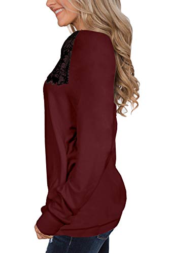 For G And Pl Women Cotton Loose Fit Lace Sweatshirt Long Sleeve Casual Elegant Color Block Plain Blouse Maroon L #TOP3