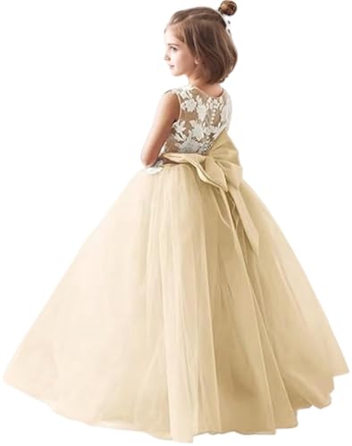 Tulle Flower Girl Dresses for Wedding Lace Applique Princess Pageant Party Ball Gown First Communion Dresses with Bow