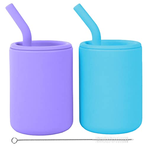 Image of WeeSprout Silicone Baby Cups With Straws and Lids, 4 & 8 oz Options, Set of 2, Food Grade Toddler Training Container, Built In Straw Stoppers, Measurement Markings, Dishwasher Safe + Straw Cleaner