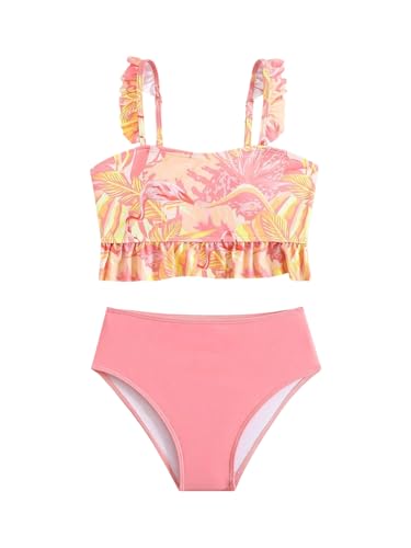 Image of SweatyRocks Girl's Boho Printed Ruffle Tankini Swimsuit Spaghetti Strap High Waisted 2 Piece Bathing Suit