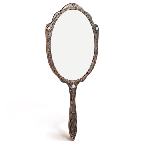 SEWACC Vintage Hand Mirror with Handle Portable Handheld Makeup Mirror for Women 360 Degree Rotating Compact with Flower Decoration 7.08 in Travel Vanity