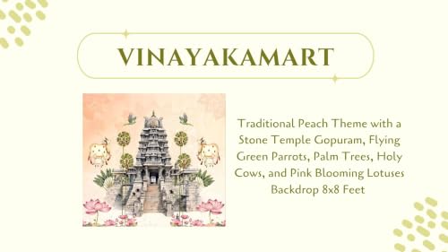 Image of laxmi Devi Backdrop Cloth | Traditional Peach Theme with a Stone Temple Gopuram, Flying Green Parrots, Palm Trees, Holy Cows, and Pink Blooming Lotuses Backdrop | Pooja Backdrop Cloth 8 ft x 8 ft