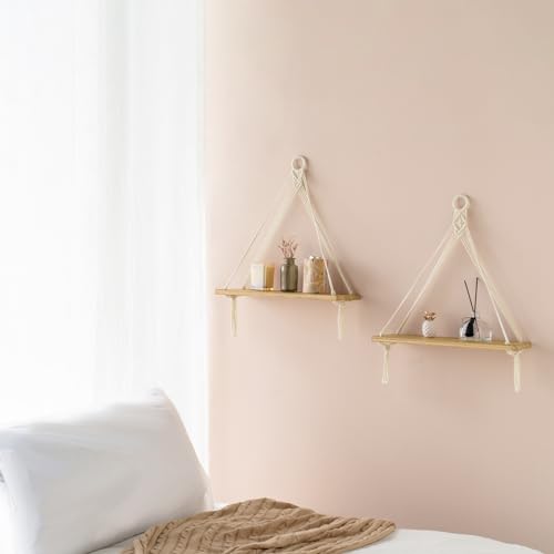Dahey Macrame Hanging Shelf Boho Wall Decor 2 Pack Rustic Wood Floating Shelves for Nursery Bedroom Bathroom Living Room College Dorm Room Storage Display Shelves for Hanging Plants Photos by Dahey - Image 2