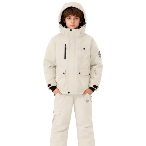 Boys Girls Snowsuit Winter Fashion Snow Bibs Snowboarding Clothes Teen Kids Waterproof Ski Suit (White, 11-12 Years)