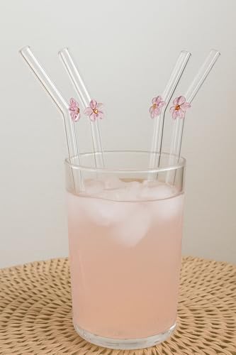 Image of THE Empty Space Set of 4 Reusable Glass Straws,Pink Cute with Gift Packaging for Smoothies, Milkshakes, Juices, Teas, Perfect for Parties & Gifts | 7 inch Height 4 PCs (Pink Flower)