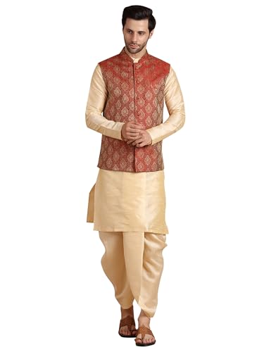 Image of Men's Silk Blend Solid Kurta Dhoti Set with Designer Ethnic Nehru Jacket