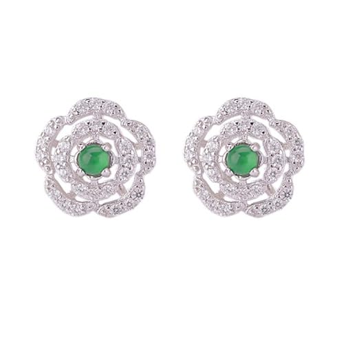 Boucles d'oreilles en argent fleur de zircone et jade vert de Hotan pour femme