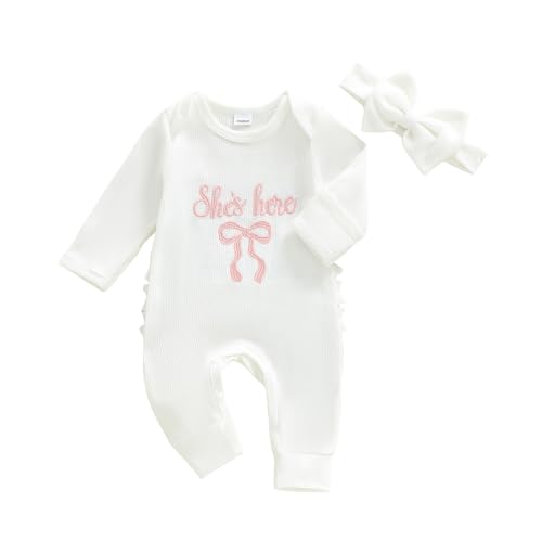 Baby Girls Clothes She Is Here Embroidery Romper Bow Waffle Knit Ruffled Newborn Infant Winter Fall Outfit with Headband (White 0-3 Months)