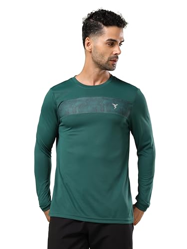 Image of TECHNOSPORT Men Polyester Self Design Chest Print Slim Fit Long Sleeve T-Shirt for Gym, Workout and Regular Use with SPF50+