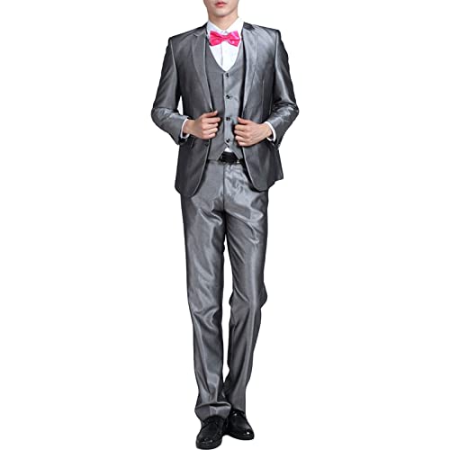 Men' 3 Piece Solid Color Suit Set Single Breasted Slim Jacket Vest Pants Formal Business Wedding Prom Blazer Sets (Silver 2,Small)