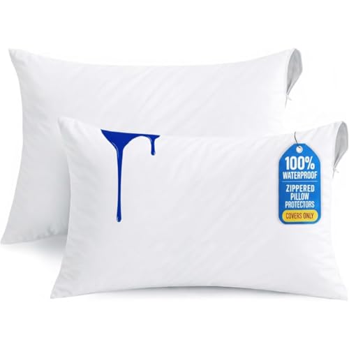 Waterproof Pillow Protectors with Zipper Pack of 2 Standard Size Noiseless Microfiber Pillow Covers Breathable Zippered Pillow Encasement Cases Soft & Durable