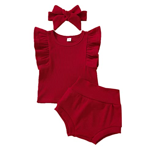 Ynibbim Summer Newborn Baby Girl Solid Clothes Set Lovely Infants Ribbed Outfits Cotton Ruffle Tops+Shorts+Headband (Wine Red,18-24 Months)