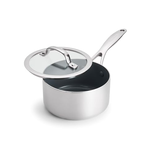 Image of GreenPan Valencia Pro Tri-Ply Stainless Steel 1.5QT Saucepan with Lid, Healthy Ceramic Nonstick PFAS-Free PFOA-Free Coating, Multi Clad Cookware, Induction, Dishwasher Oven and Broiler Safe
