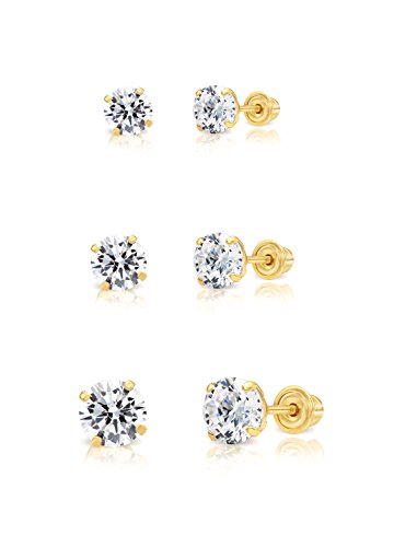 14k Gold Solitaire Round Cubic Zirconia Stud 3 Pair Earring Set (3mm, 4mm, 5mm) (yellow-gold)