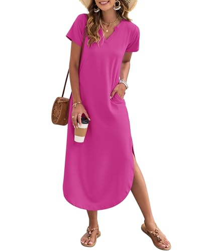 Image of MISFAY Women's Summer Maxi Dress 2026 Casual Short Sleeves V Neck Loose Sundress Split Long Beach T Shirt Dress