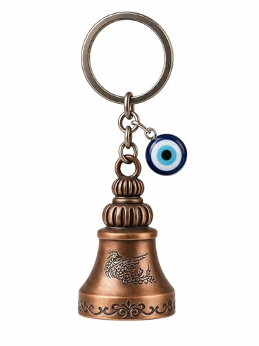 Image of Copper Evil Eye Guardian Bell Keychain, Metal Good Luck Charm with Nazar Design, for Bike & Car