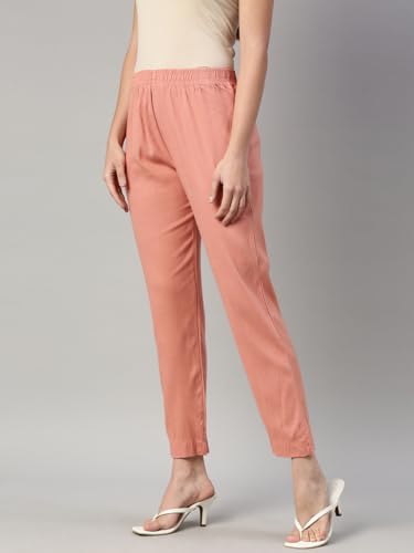 Image of MINELLI Women Solid Cigar Pants, Cotton Lycra Slub Fabric, Elasticated Waistband, Pull On Style, Regular Fit Bottom Wear for Western and Ethnic Wear