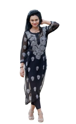 Women's Black Georgette Handcrafted Lucknowi Chikankari Embroidery Kurti Deal