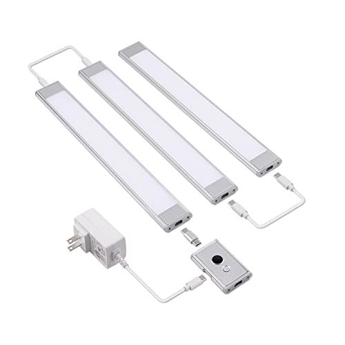 LIT-PaTH Under-Counter Light Fixtures with Hand Wave Sensor, Plug-in Cabinet Light Bar with 24V Adapter, 12W, 960lm, 3000/4000/5000K Selectable, Aluminum Housing, Silver Finish